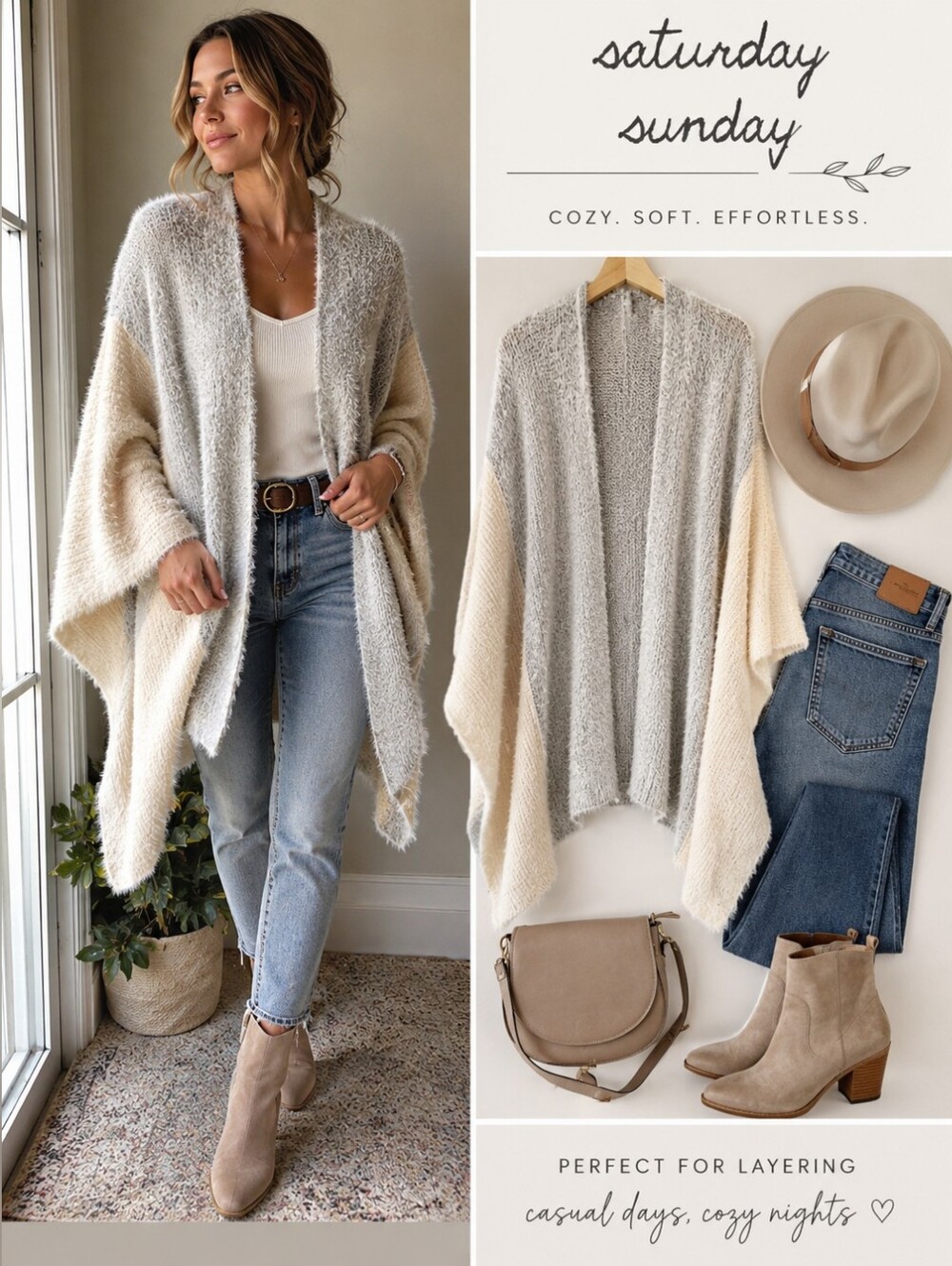 Saturday Sunday Fuzzy Eyelash Knit Colorblock Ruana Wrap Cardigan OS